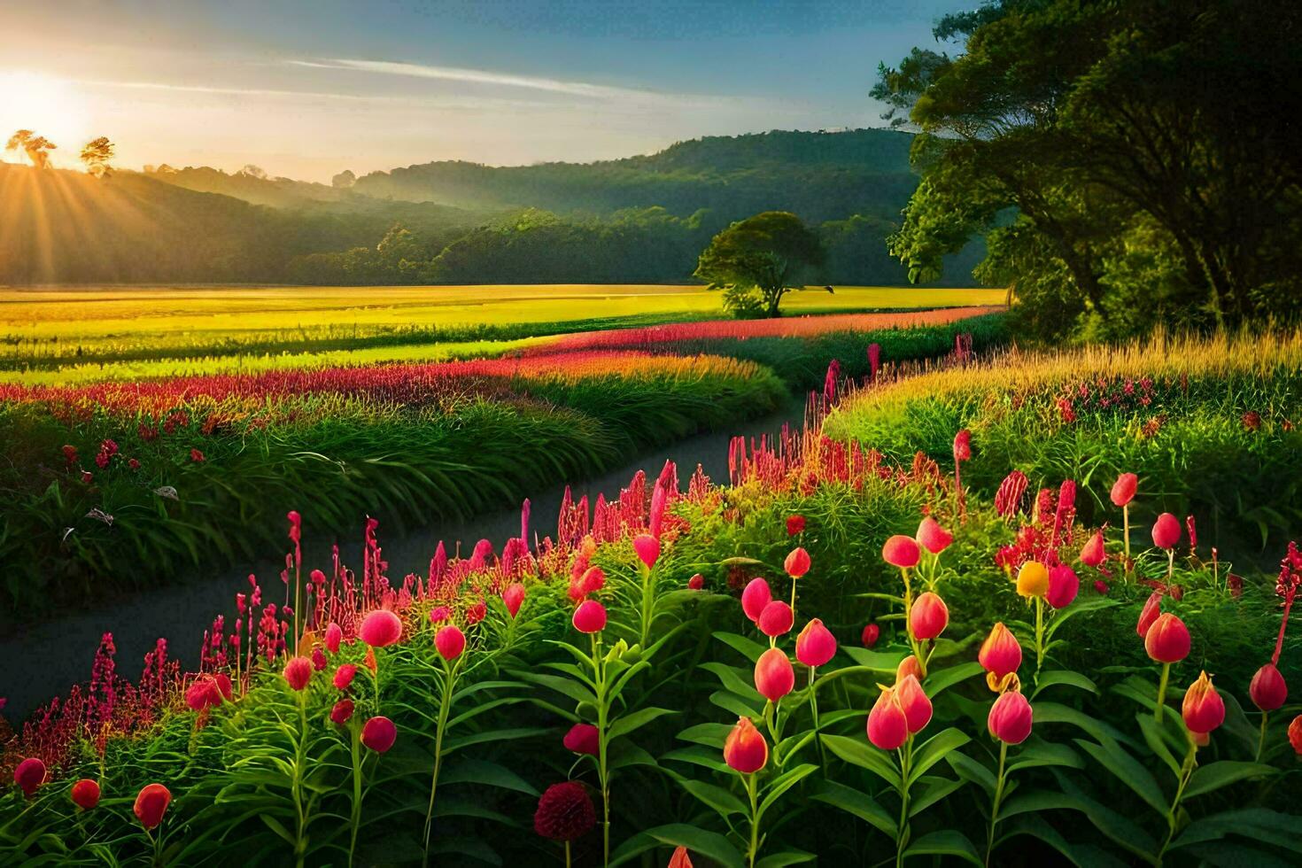 il sole sorge al di sopra di un' campo di rosa fiori. ai-generato foto