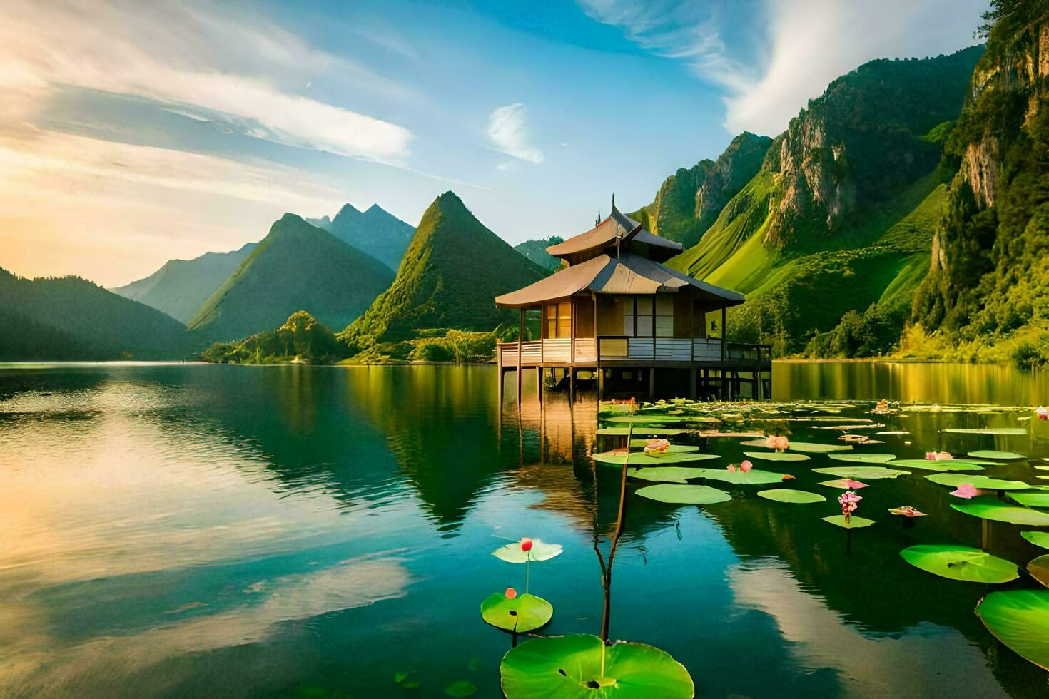 il lago è circondato di montagne e giglio pastiglie. ai-generato foto