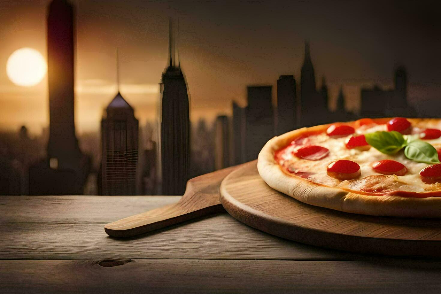 Pizza su un' di legno tavola con paesaggio urbano nel il sfondo. ai-generato foto