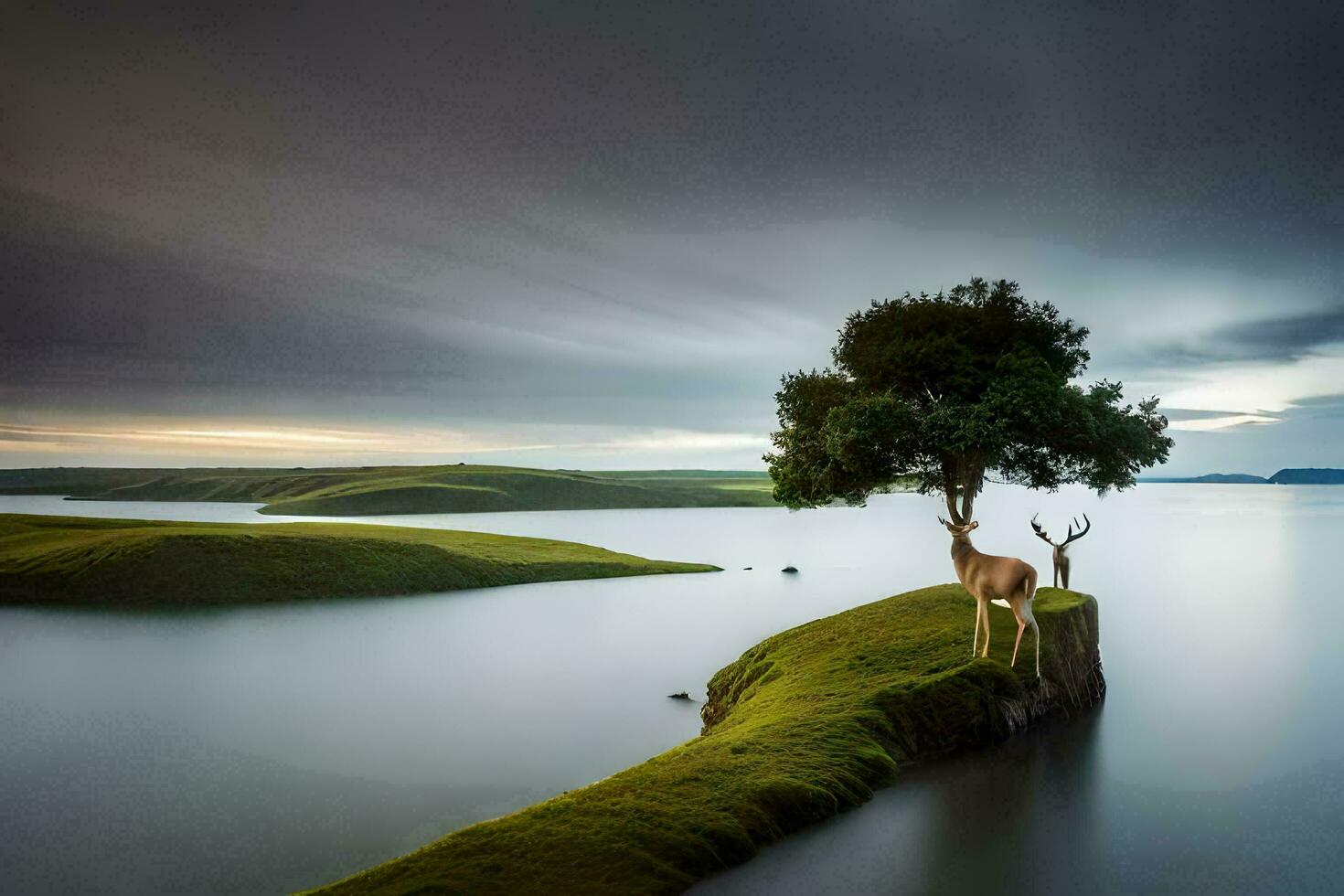 un' cervo sta su un' piccolo isola nel il mezzo di un' lago. ai-generato foto