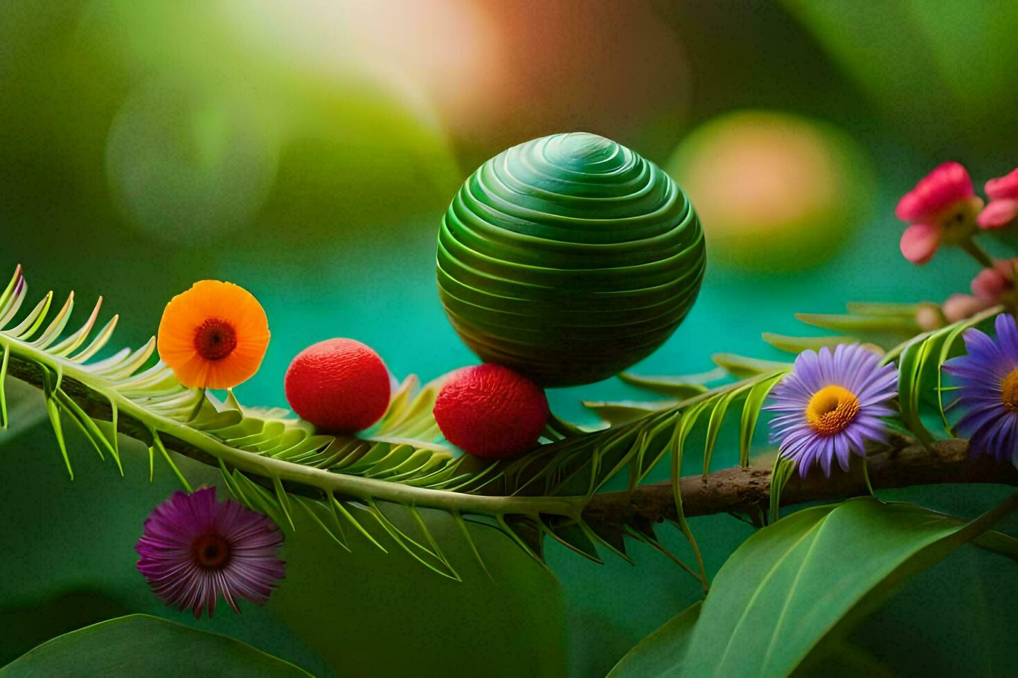 un' verde e viola fiore con un' verde e rosso sfera. ai-generato foto