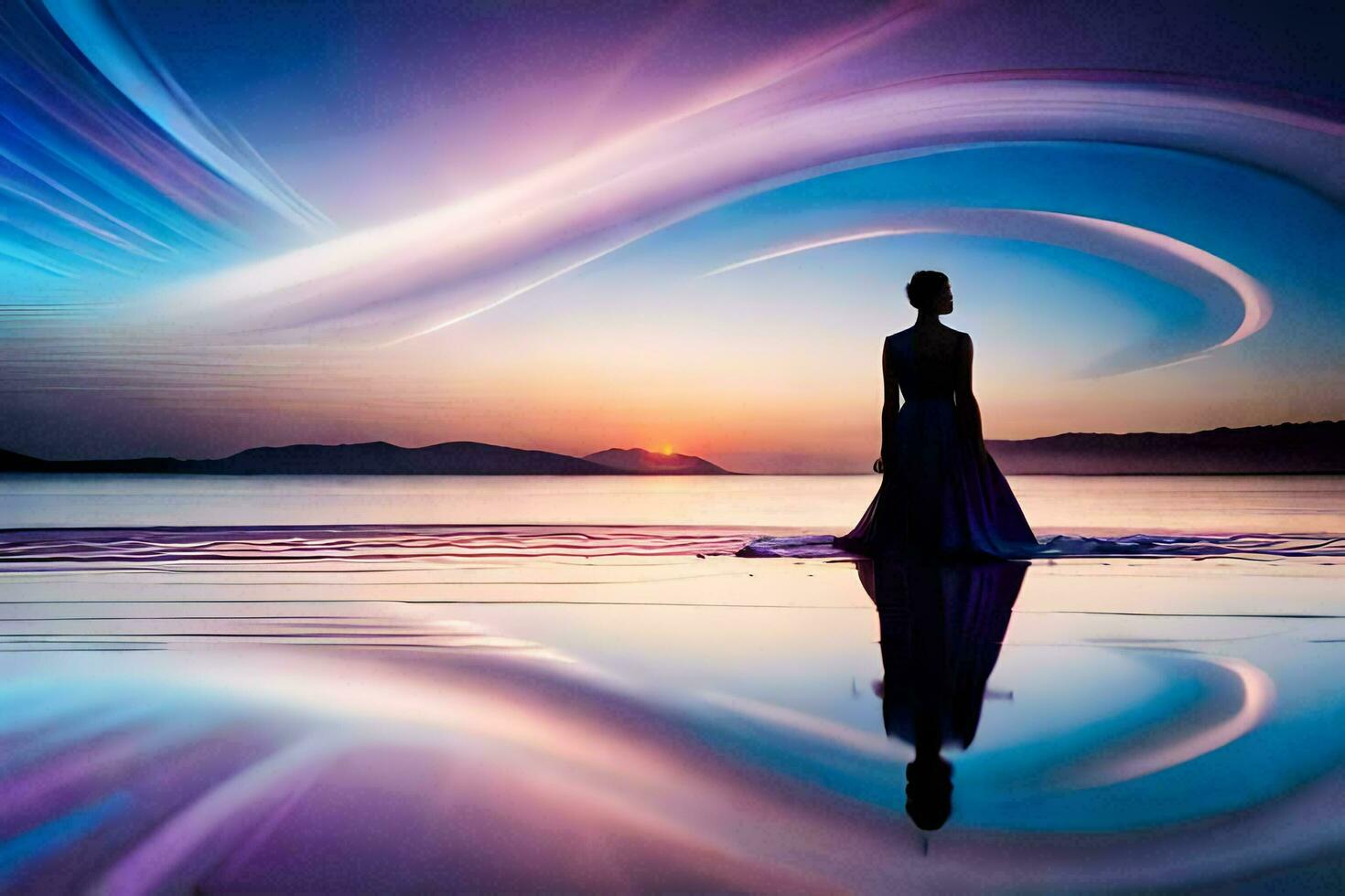 un' donna in piedi su il spiaggia con un' tramonto nel il sfondo. ai-generato foto