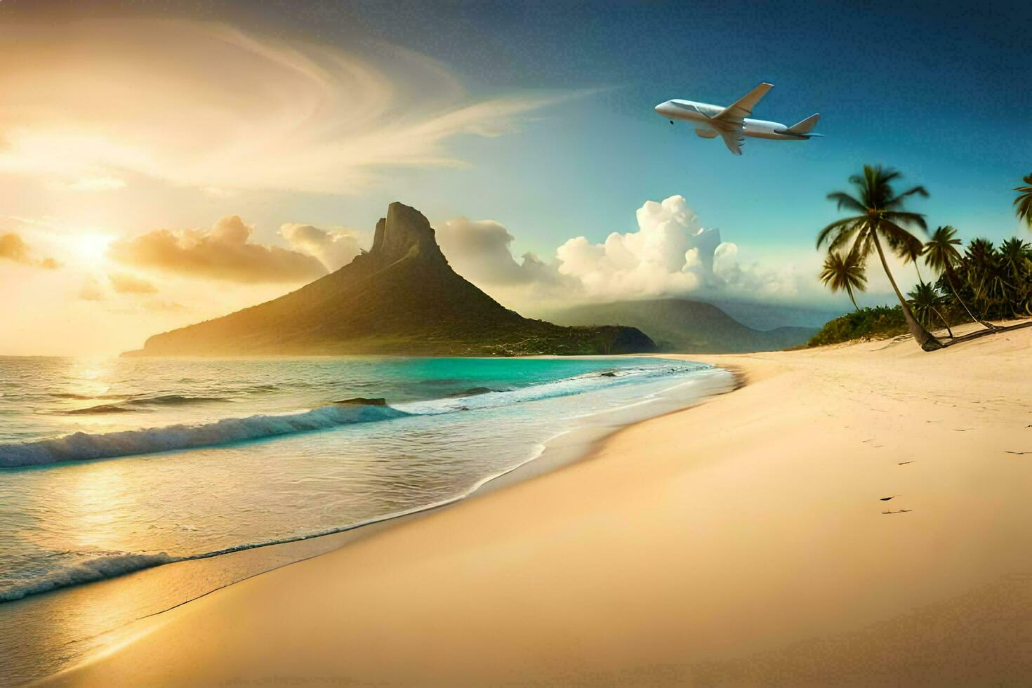 il aereo mosche al di sopra di il spiaggia e il montagne. ai-generato foto