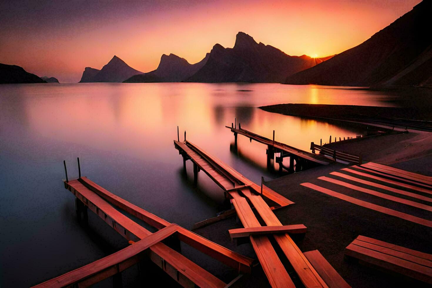 un' tramonto al di sopra di il acqua con di legno banchine. ai-generato foto