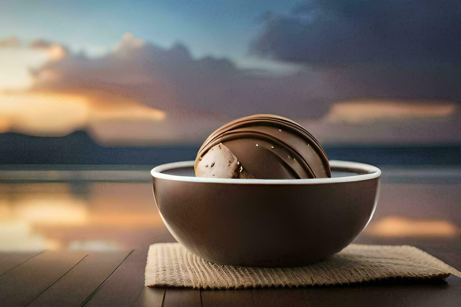 cioccolato ghiaccio crema nel un' ciotola su un' di legno tavolo. ai-generato foto