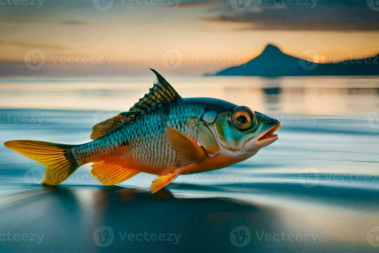 un' pesce è nuoto nel il oceano a tramonto. ai-generato foto