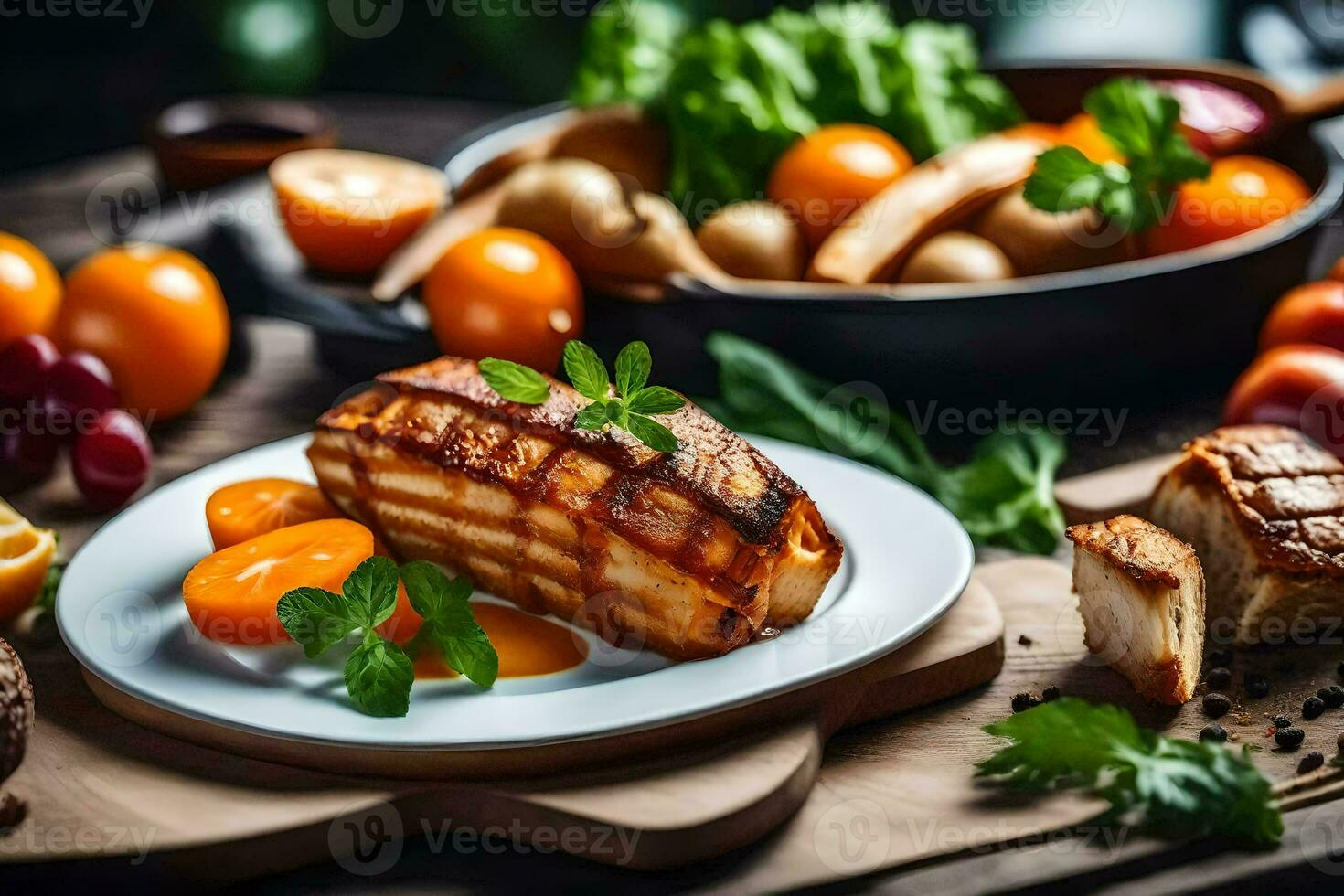grigliato pollo Seno con verdure e patate su un' di legno tavolo. ai-generato foto