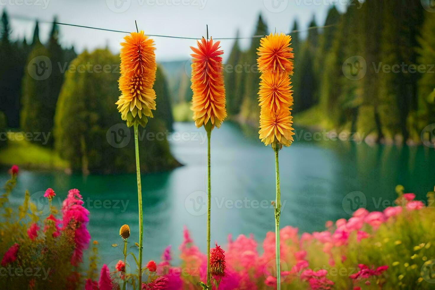 fiori sospeso a partire dal un' linea vicino un' lago. ai-generato foto