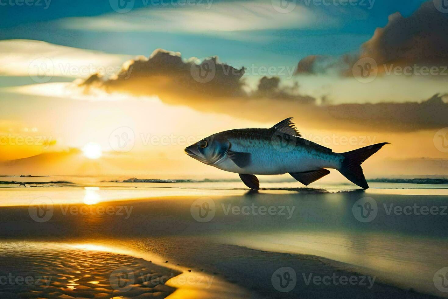 un' pesce è in piedi su il spiaggia a tramonto. ai-generato foto