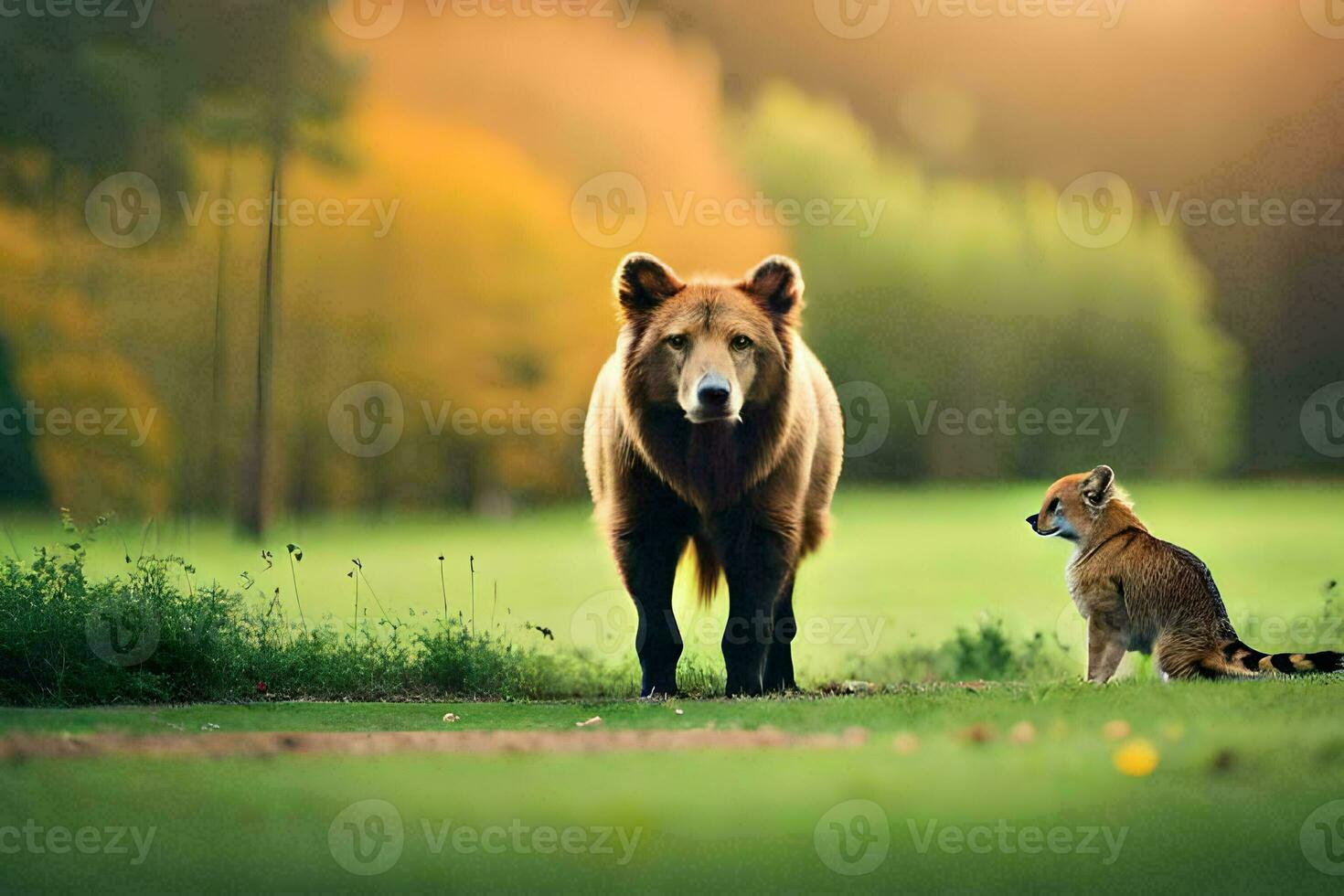 un' Marrone orso e un' Volpe nel un' campo. ai-generato foto