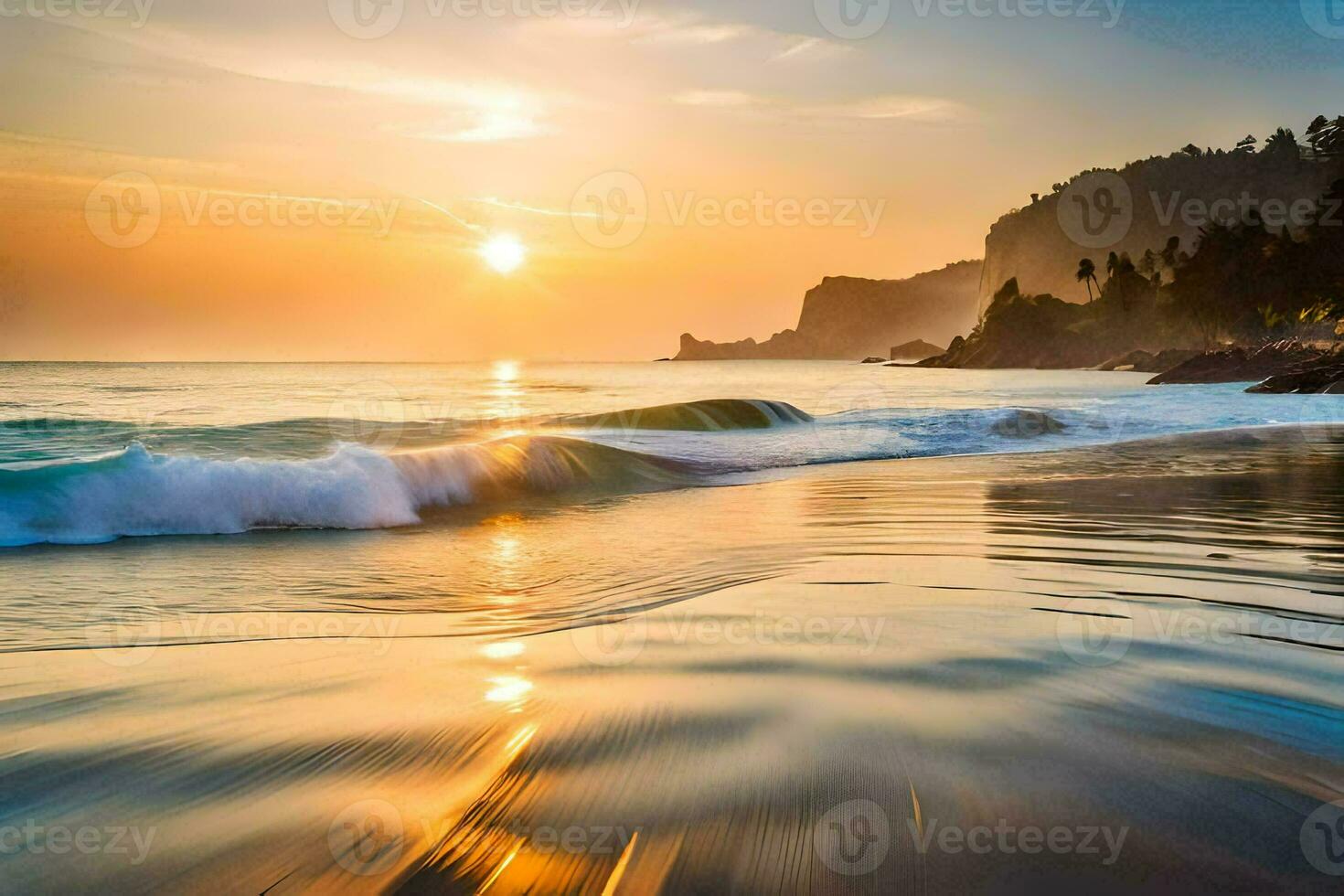 il sole sorge al di sopra di il oceano e onde a il spiaggia. ai-generato foto
