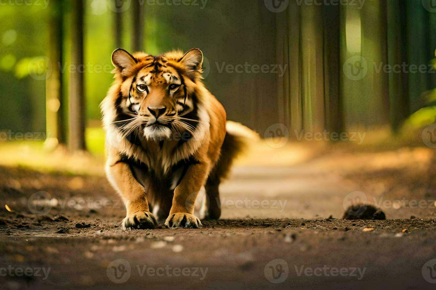 un' tigre a piedi su un' sporco strada nel il boschi. ai-generato foto