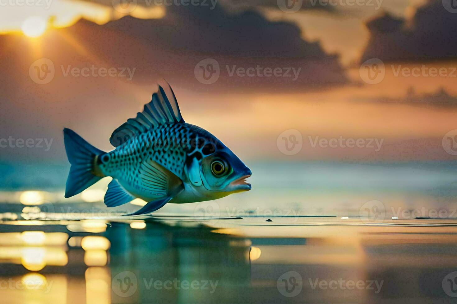 un' pesce è nuoto nel il oceano a tramonto. ai-generato foto