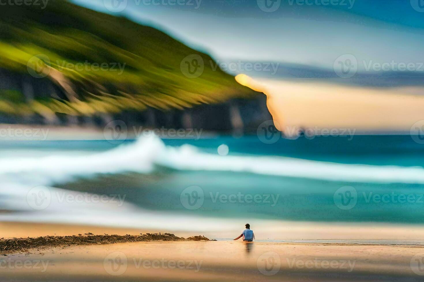 un' uomo seduta su il spiaggia nel davanti di un' montagna. ai-generato foto