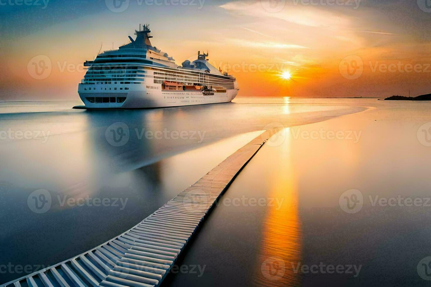 un' crociera nave nel il oceano a tramonto. ai-generato foto