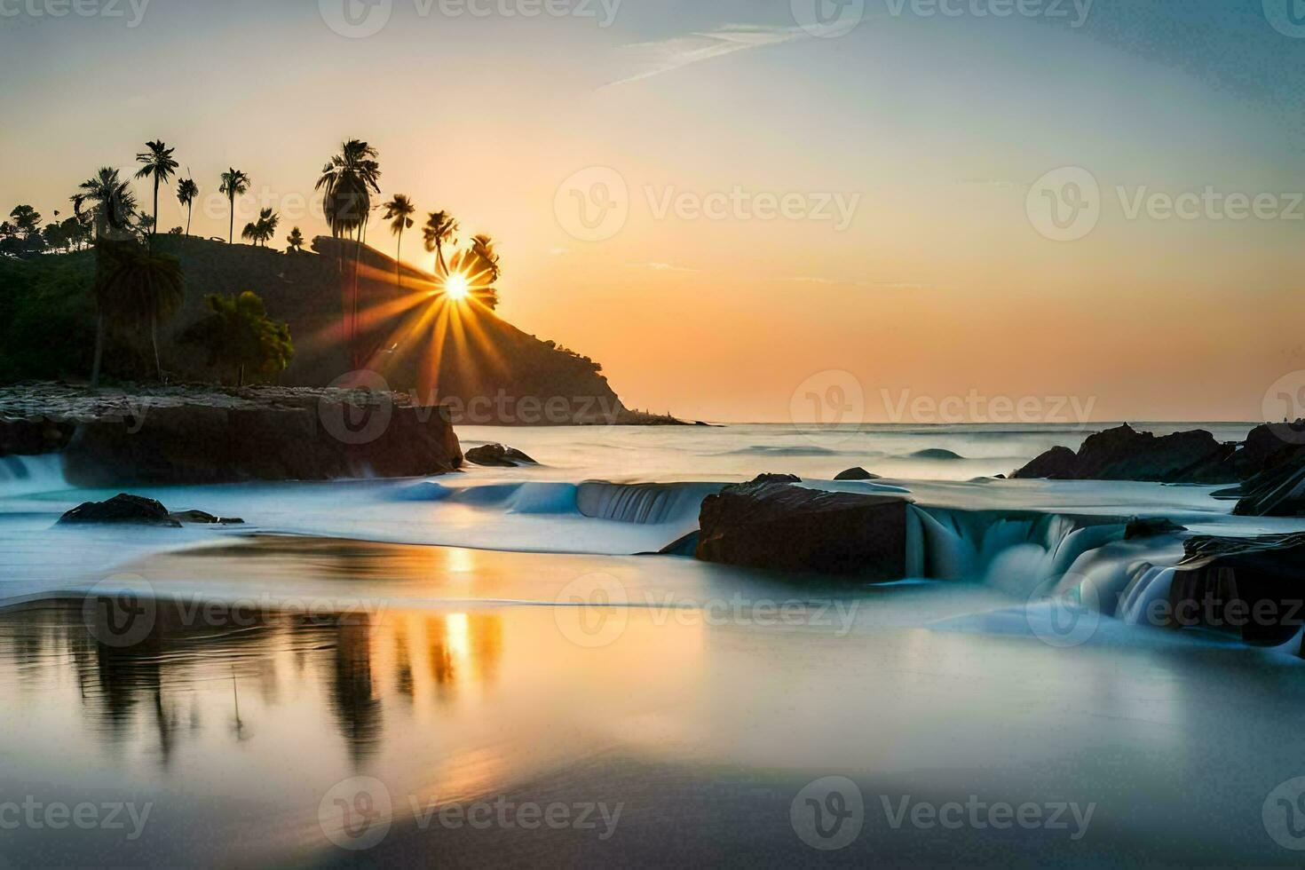 il sole imposta al di sopra di il oceano e onde. ai-generato foto