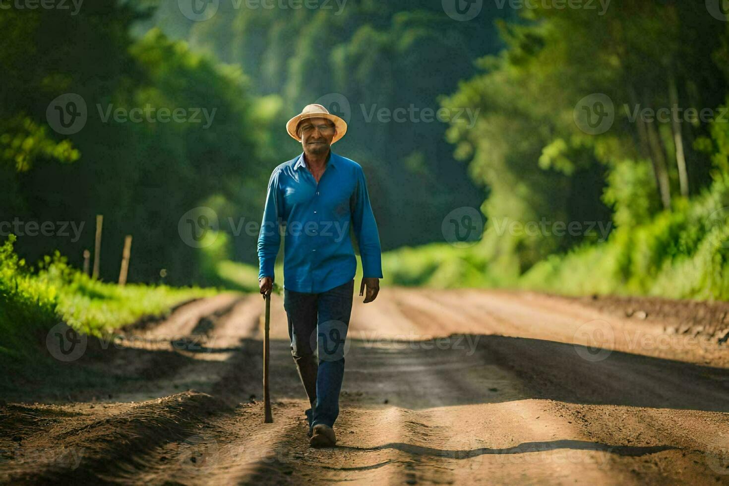 un' uomo a piedi giù un' sporco strada con un' canna. ai-generato foto