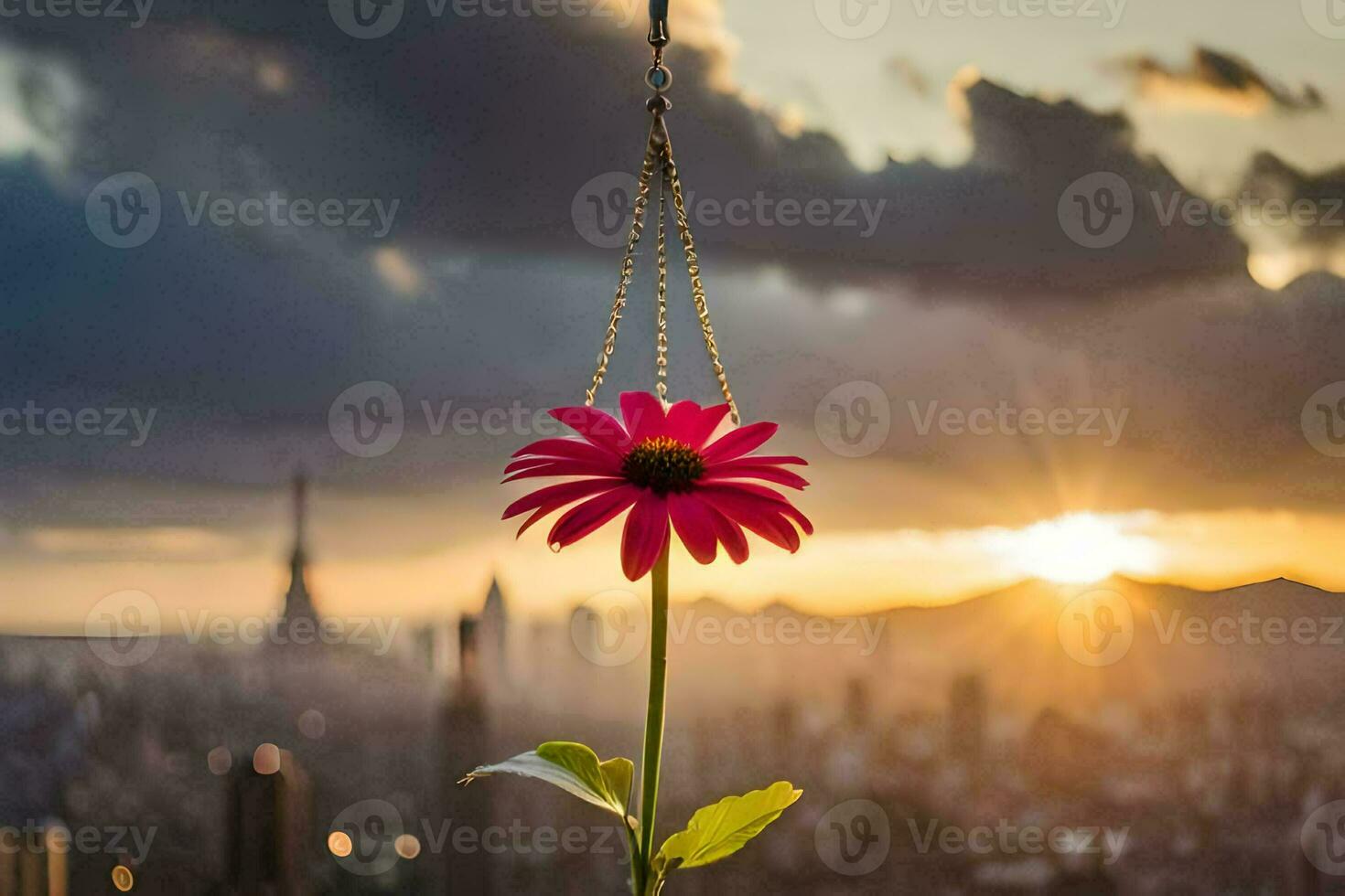 un' rosa fiore è sospeso a partire dal un' catena nel davanti di un' città orizzonte. ai-generato foto