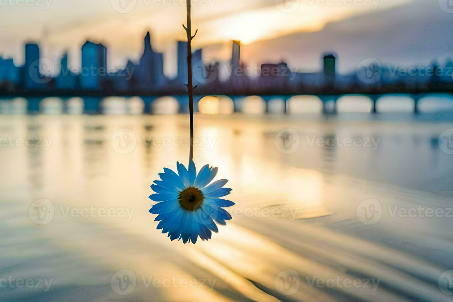 un' singolo fiore sospeso a partire dal un' corda nel davanti di un' città orizzonte. ai-generato foto