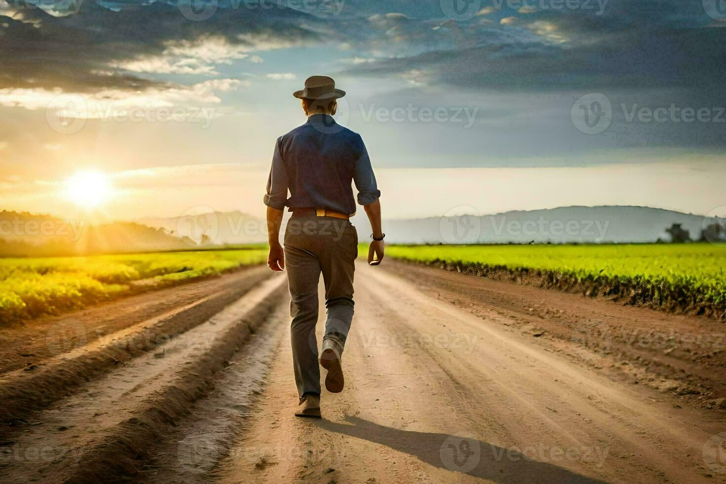 uomo a piedi su sporco strada a tramonto. ai-generato foto