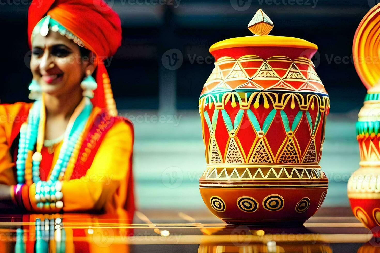 un' donna nel tradizionale indiano vestito si siede Il prossimo per un' colorato pentola. ai-generato foto