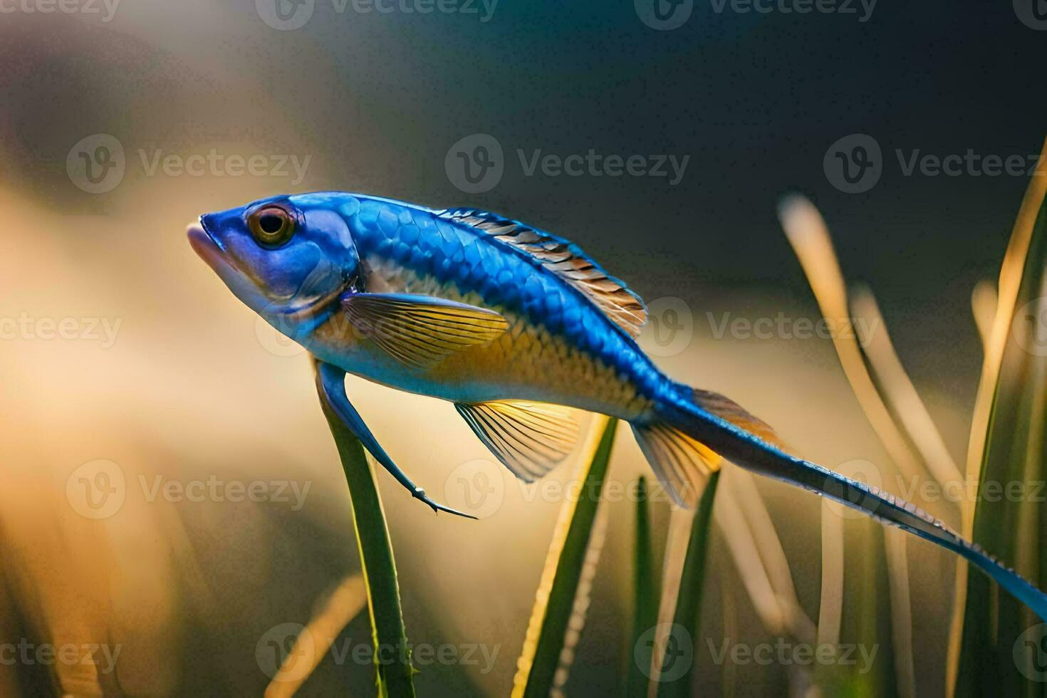 un' blu pesce con giallo pinne in piedi su superiore di erba. ai-generato foto