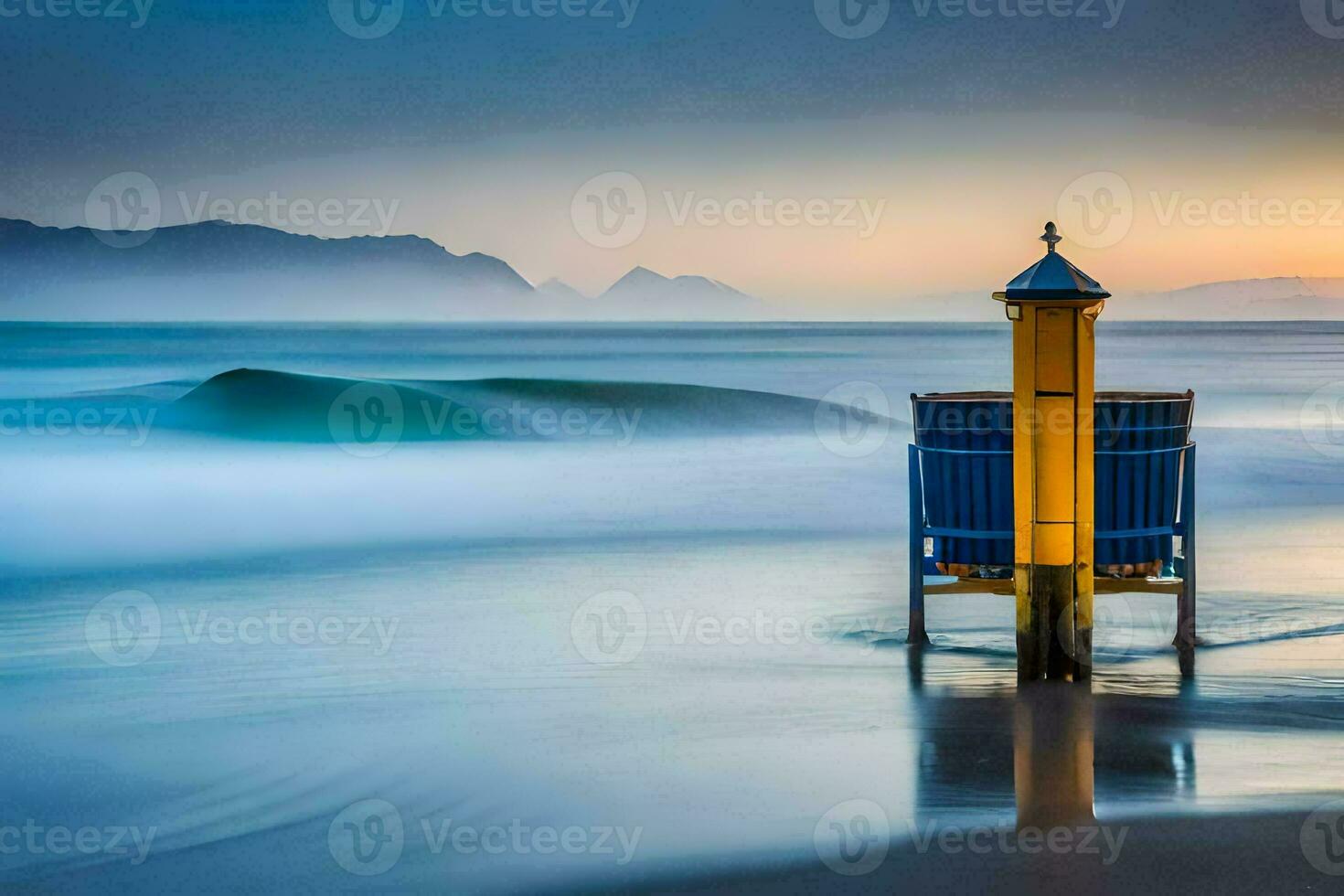 un' Bagnino Torre su il spiaggia a tramonto. ai-generato foto