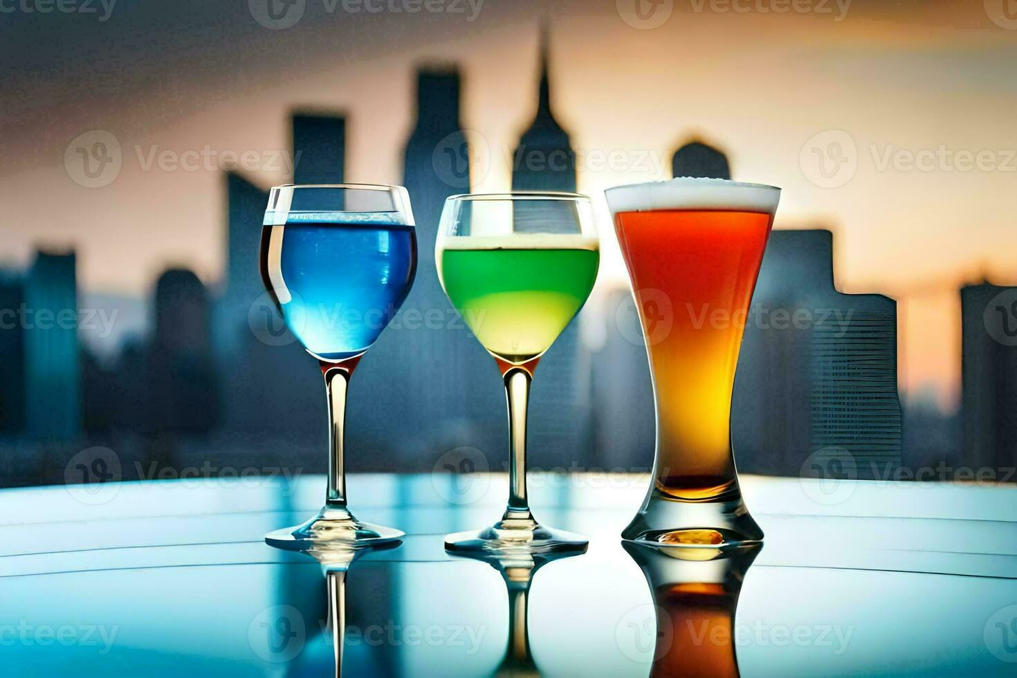 tre bicchieri di diverso colorato bevande su un' tavolo nel davanti di un' città orizzonte. ai-generato foto