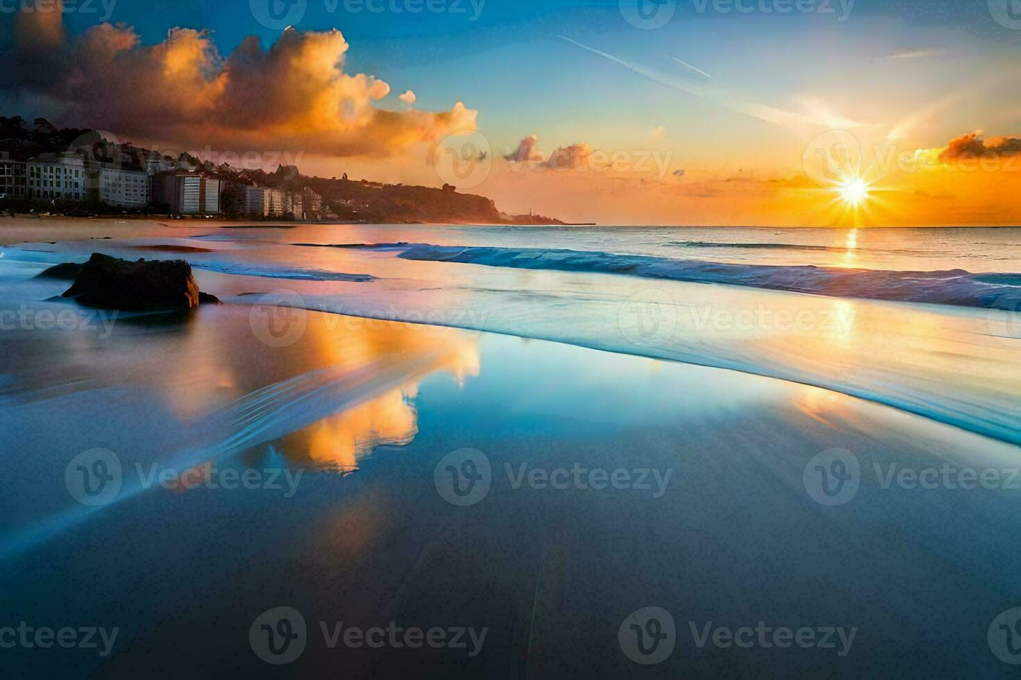 il sole sorge al di sopra di il oceano e onde a il spiaggia. ai-generato foto