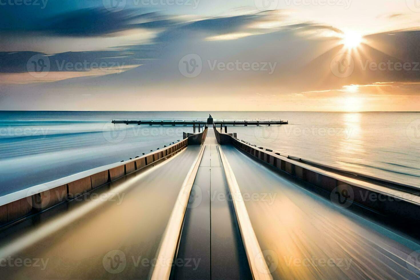 un' lungo esposizione fotografia di un' treno andando giù un' traccia. ai-generato foto