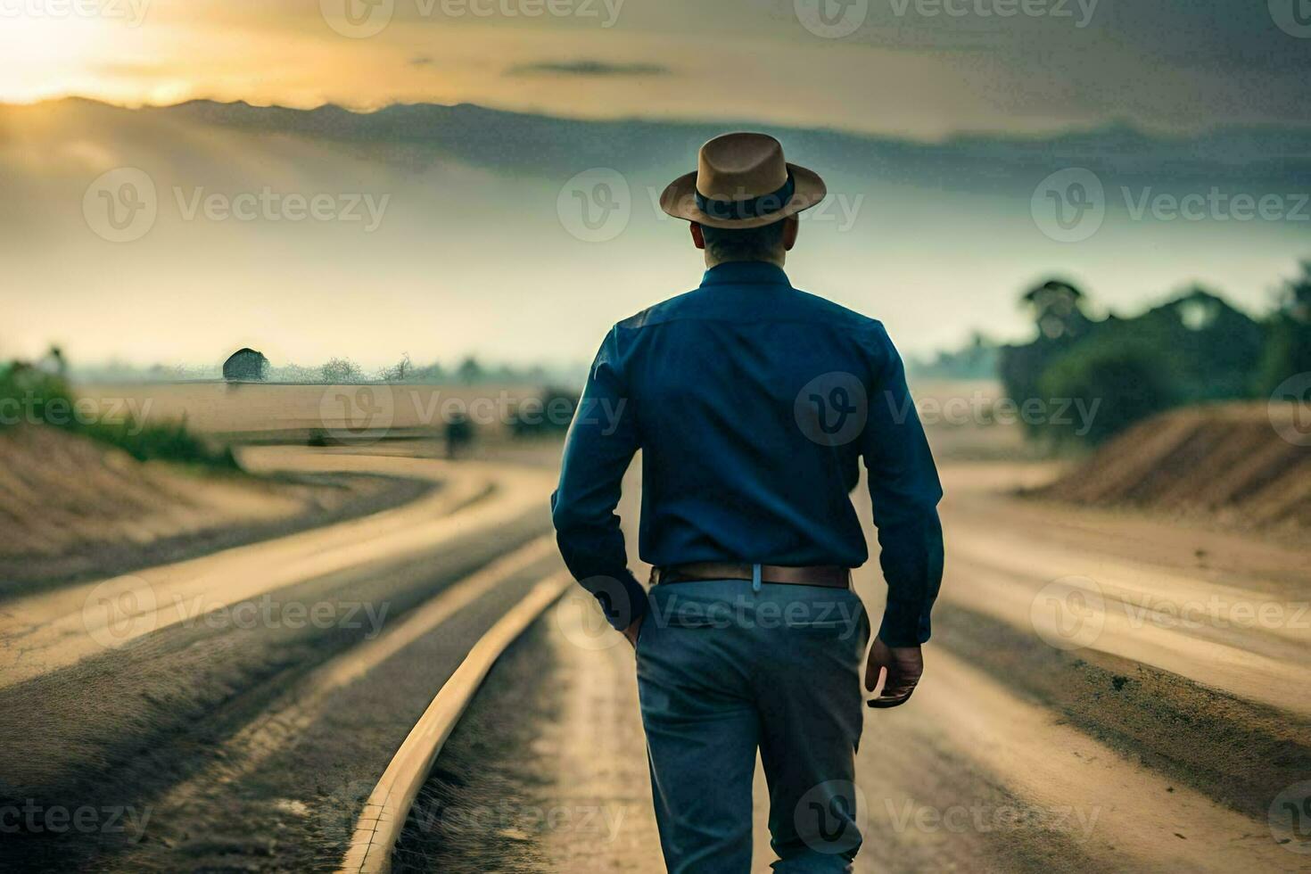 un' uomo nel un' cappello passeggiate giù un' strada. ai-generato foto