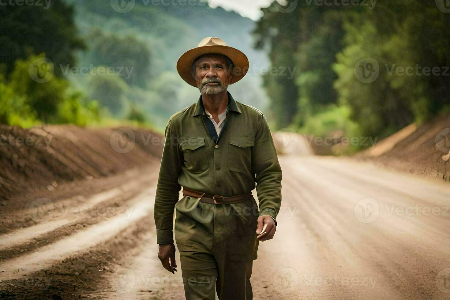 un vecchio uomo indossare un' cappello e verde giacca a piedi giù un' sporco strada. ai-generato foto