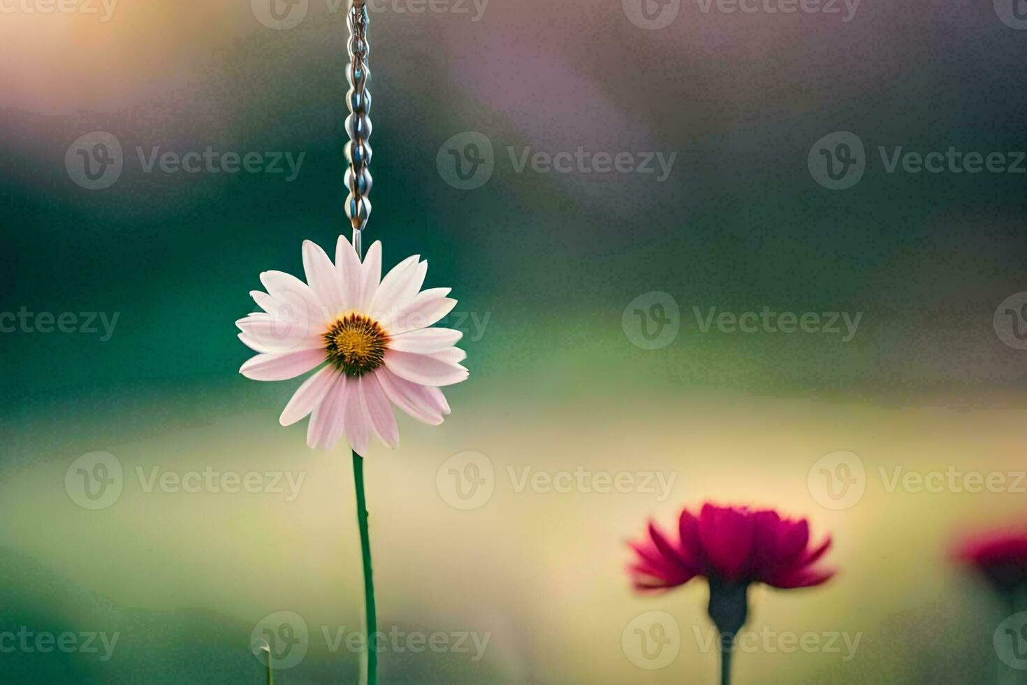 un' fiore sospeso a partire dal un' catena nel il erba. ai-generato foto