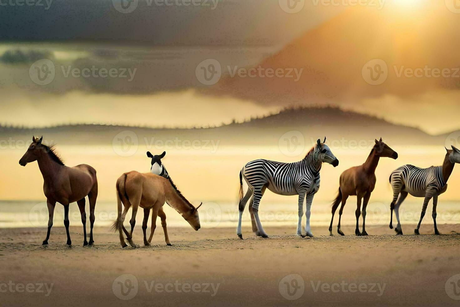 un' gruppo di zebre e cavalli in piedi su il spiaggia. ai-generato foto