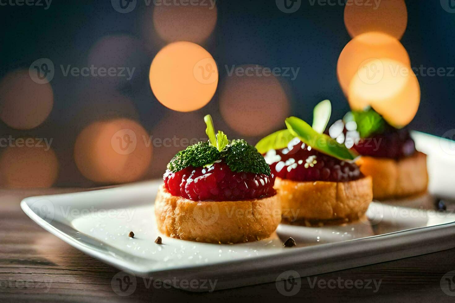 tre piccolo Pasticcino dolci su un' bianca piatto. ai-generato foto