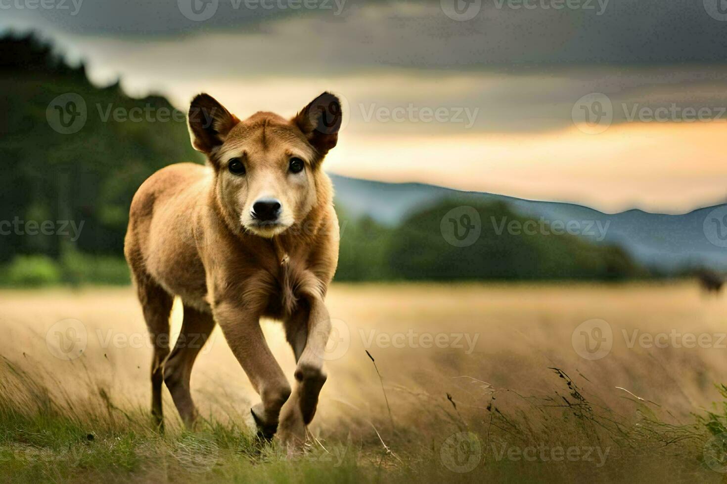 un' cane in esecuzione attraverso un' campo con un' tramonto nel il sfondo. ai-generato foto