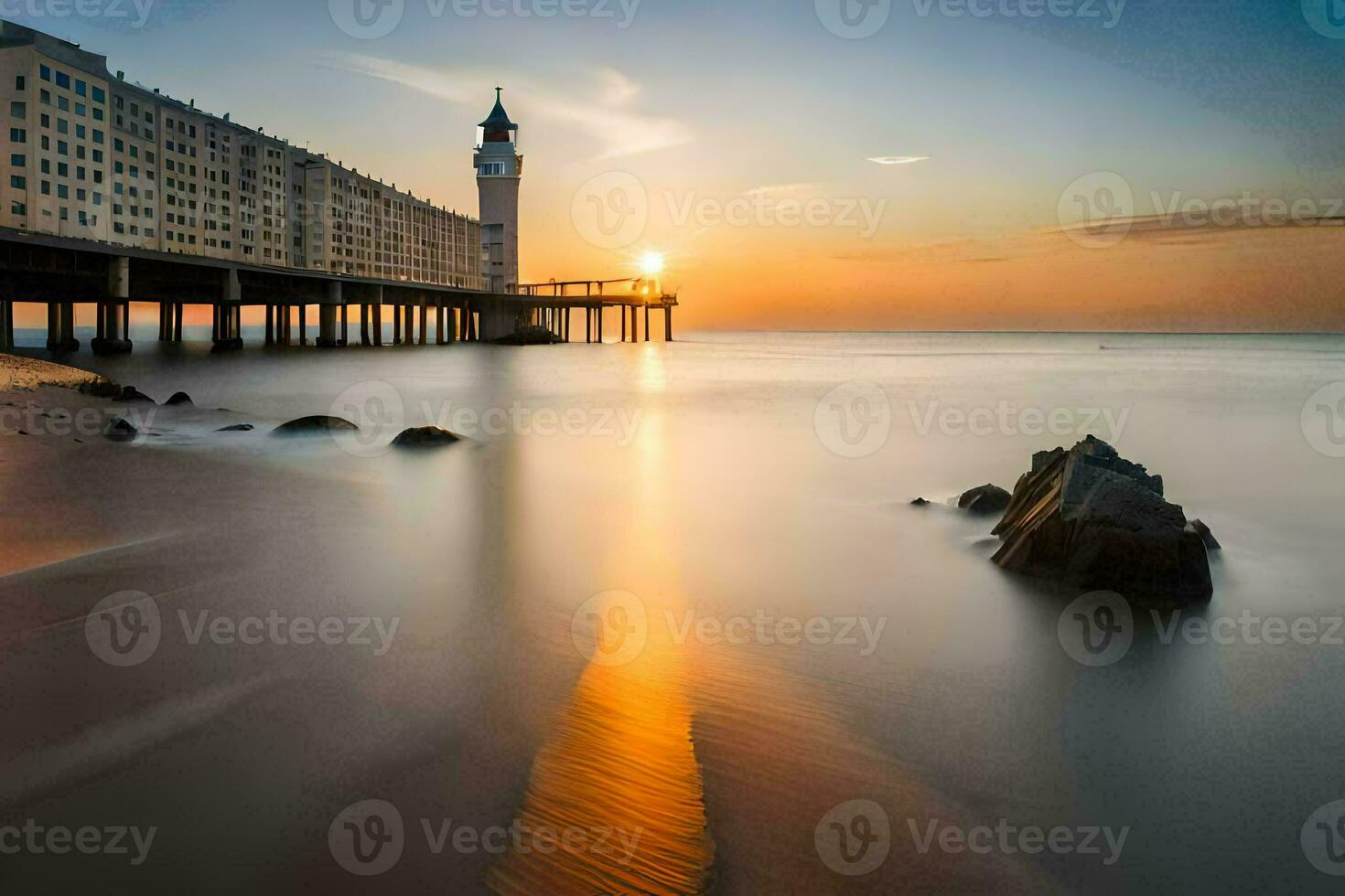 un' lungo esposizione fotografia di un' molo a tramonto. ai-generato foto