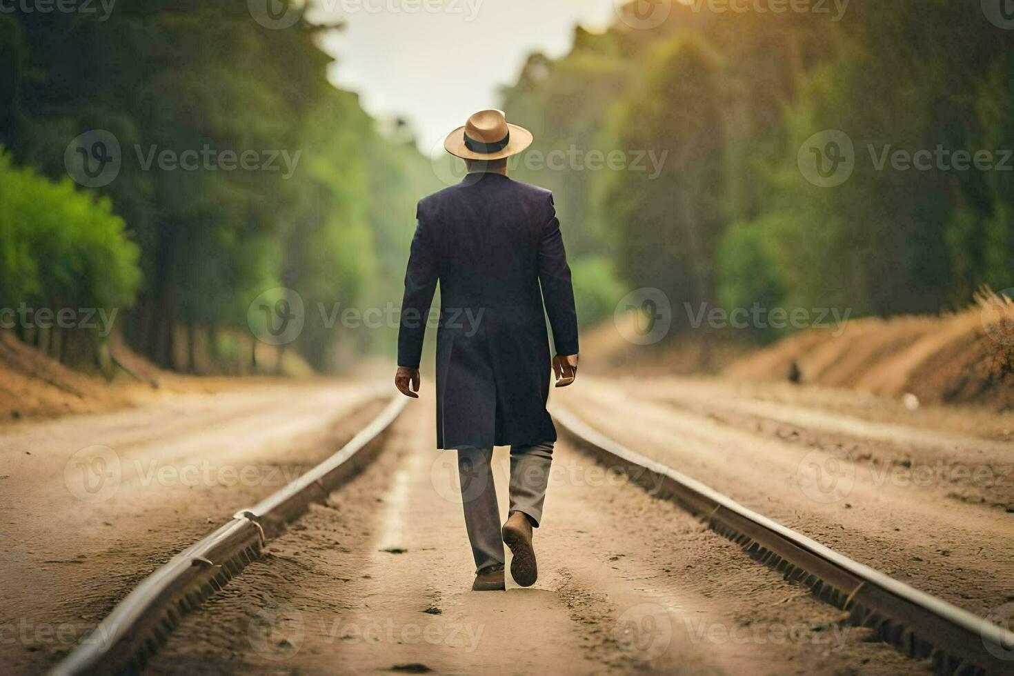 un' uomo nel un' cappello e completo da uomo a piedi su un' treno traccia. ai-generato foto