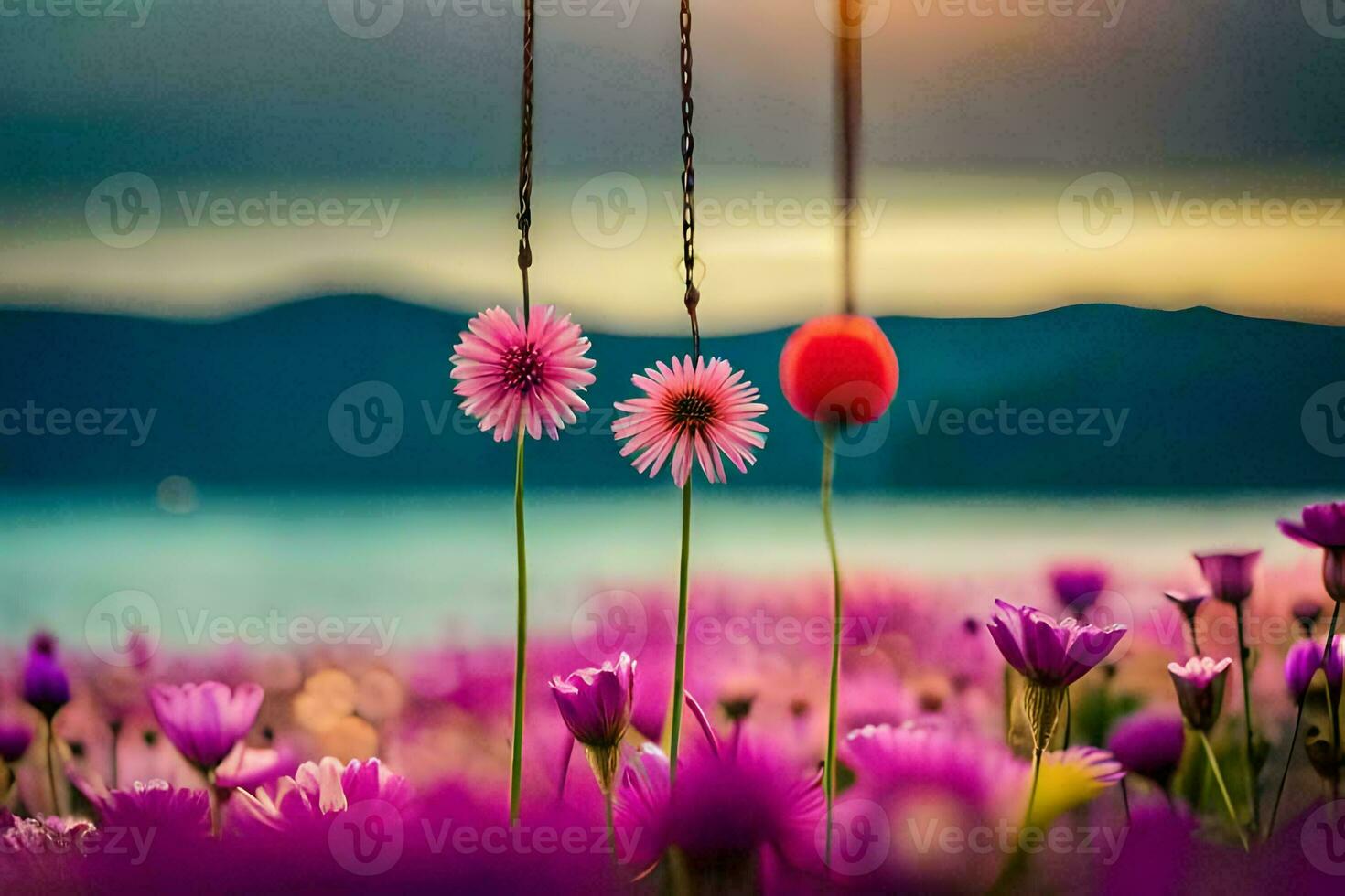 viola fiori e un' swing nel un' campo. ai-generato foto