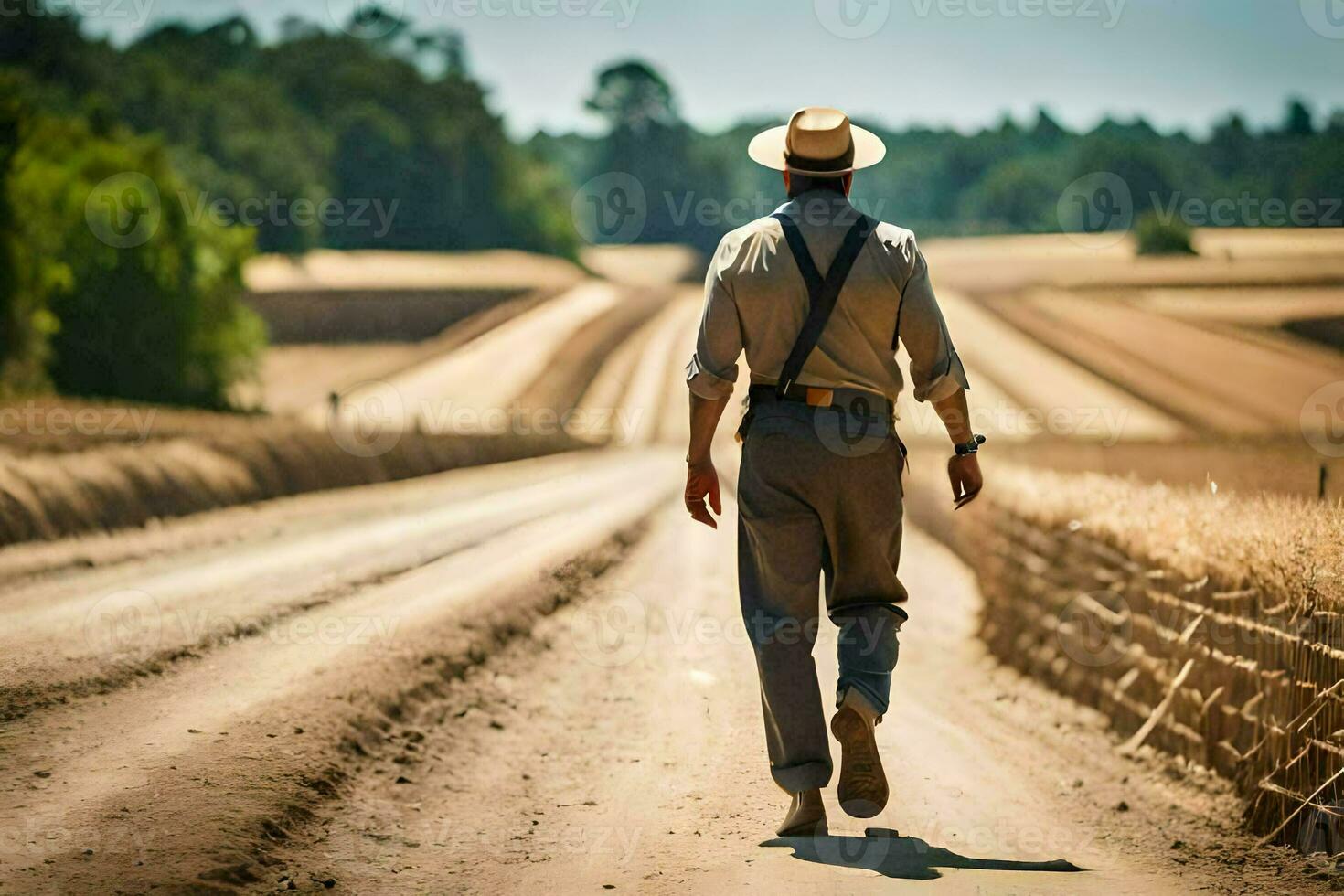 un' uomo nel un' cappello e giarrettiere a piedi giù un' sporco strada. ai-generato foto