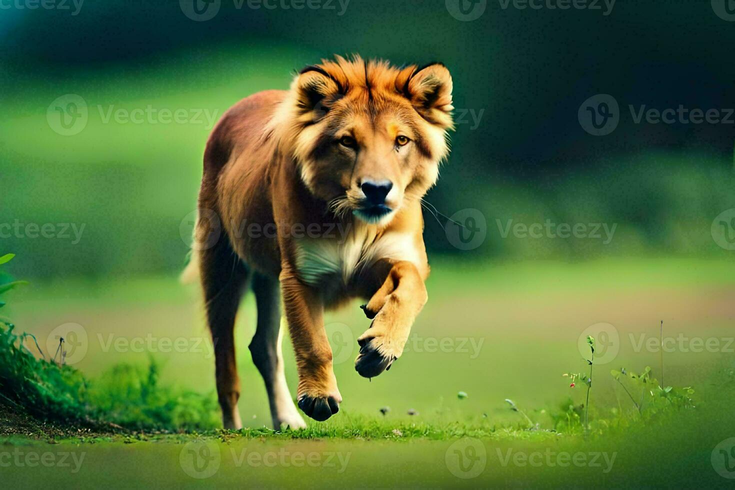 un' Leone in esecuzione attraverso un' campo. ai-generato foto