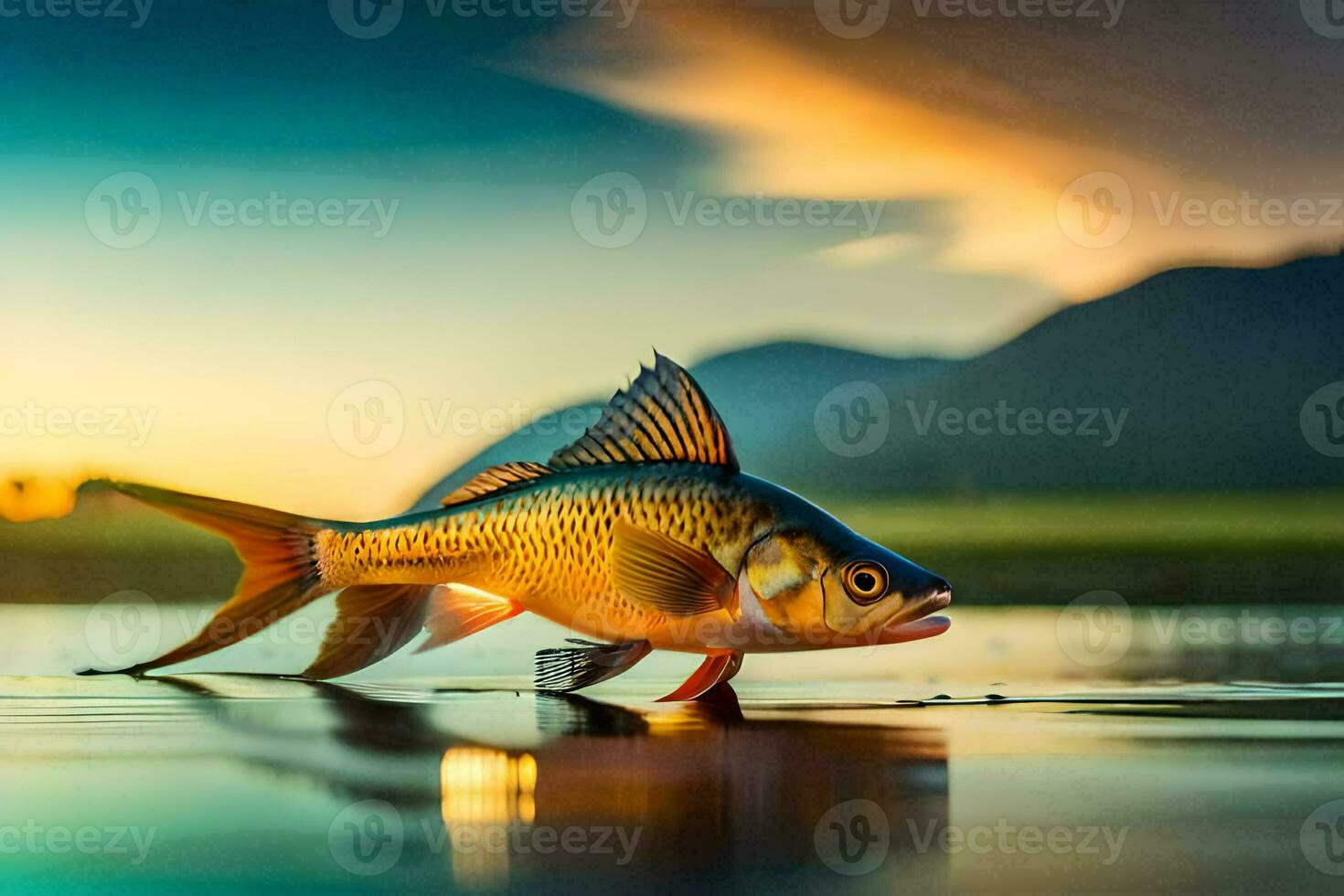 un' pesce è in piedi su il acqua a tramonto. ai-generato foto