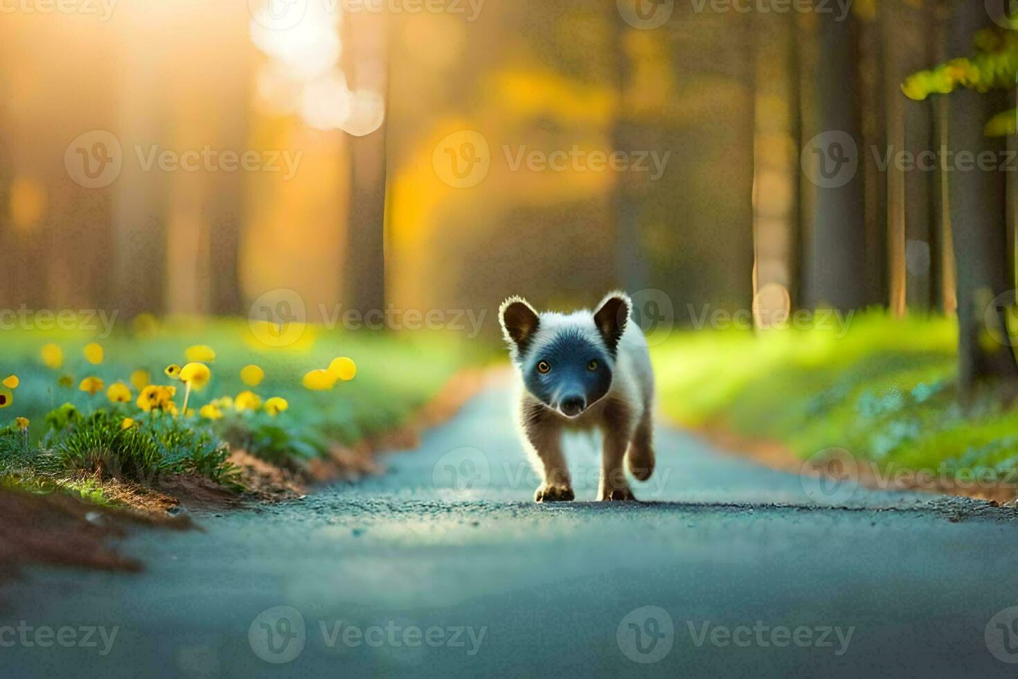 un' bambino koala a piedi giù un' strada nel il boschi. ai-generato foto