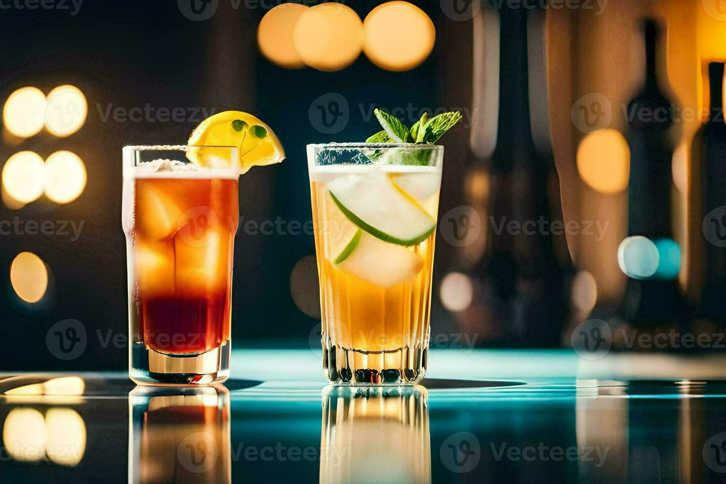 Due bicchieri di alcolizzato bevande su un' tavolo. ai-generato foto