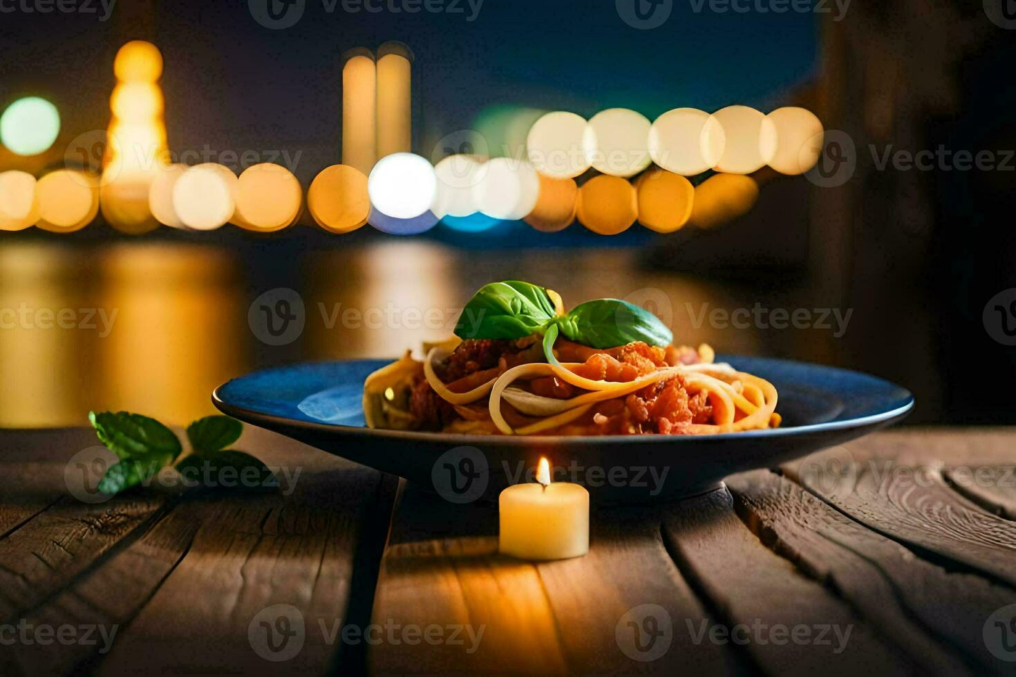 spaghetti con pomodoro salsa e basilico le foglie su un' di legno tavolo nel davanti di il città luci. ai-generato foto