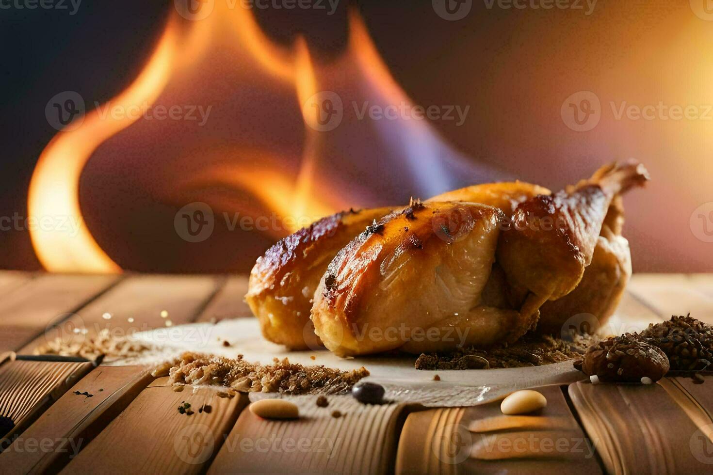 arrostito pollo su un' di legno tavolo con fuoco. ai-generato foto