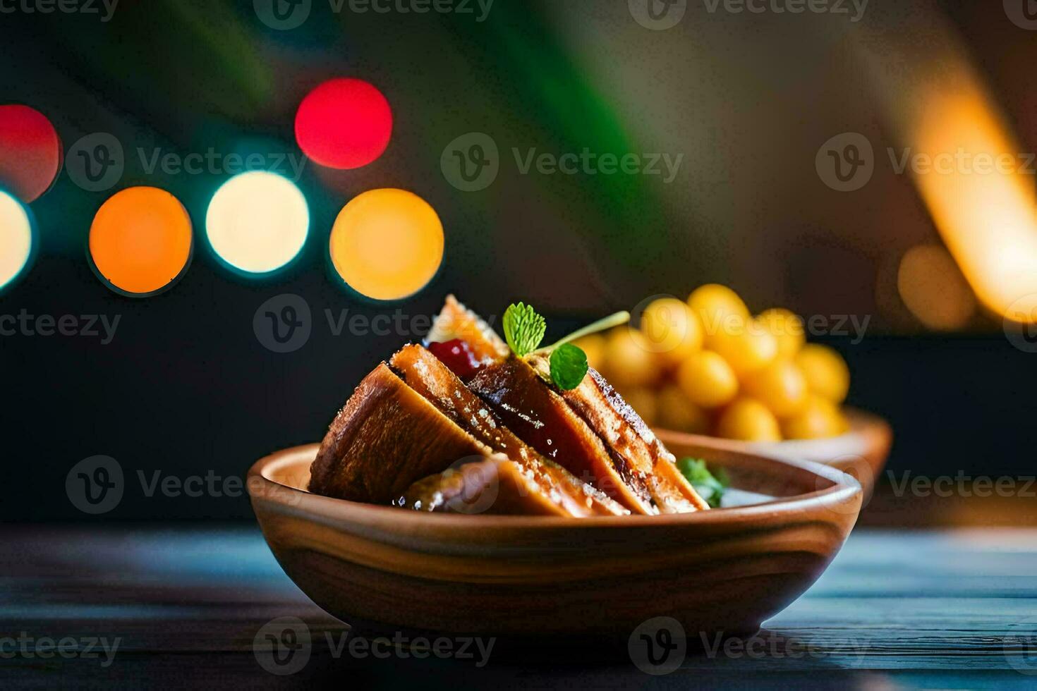 un' ciotola di cibo con un' bicchiere di vino su un' di legno tavolo. ai-generato foto