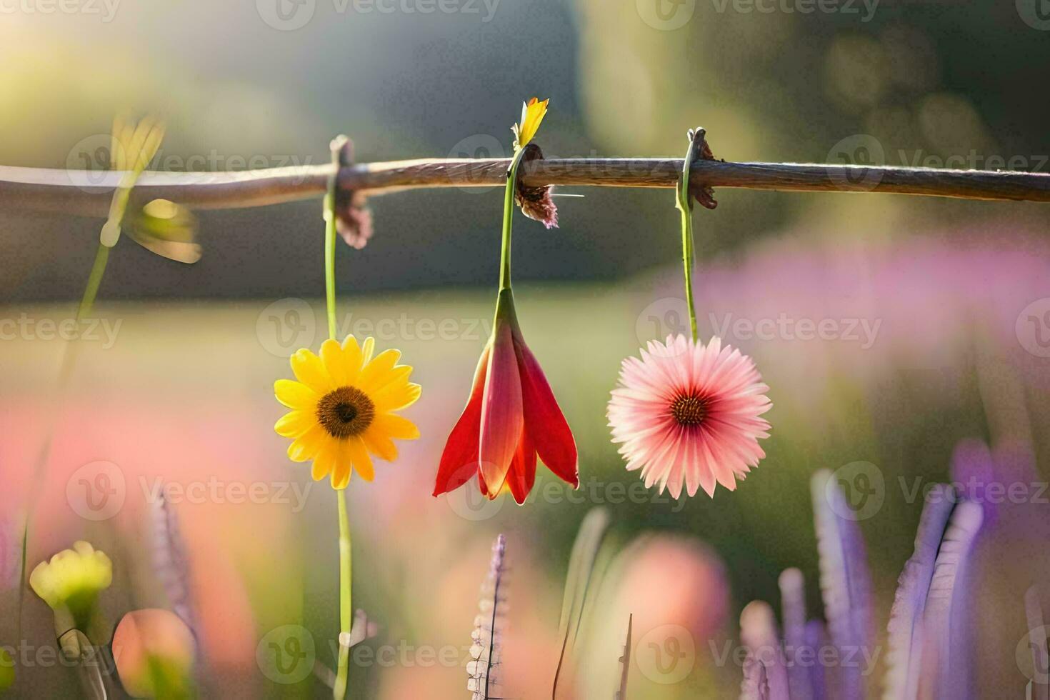 tre fiori sospeso a partire dal un' filo nel un' campo. ai-generato foto