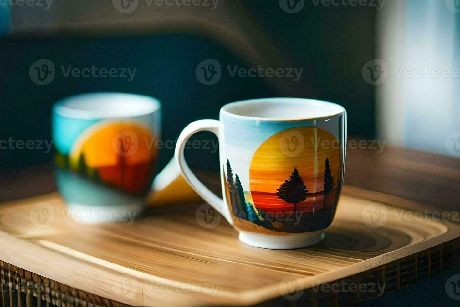 Due caffè tazze con un' tramonto su loro. ai-generato foto