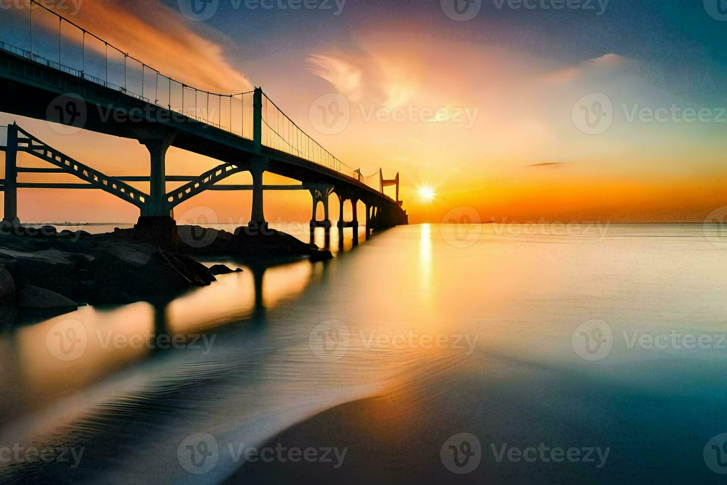 un' ponte al di sopra di il oceano a tramonto. ai-generato foto